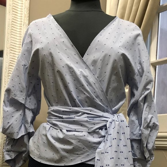 Zara Tops - Zara Drapey Blouse Printed Blue V-neck Wrap Front Top Size Small